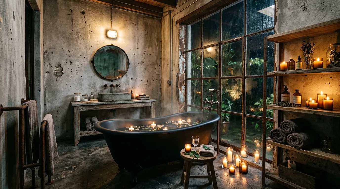Concrete and stone softening a rust-toned bathroom.